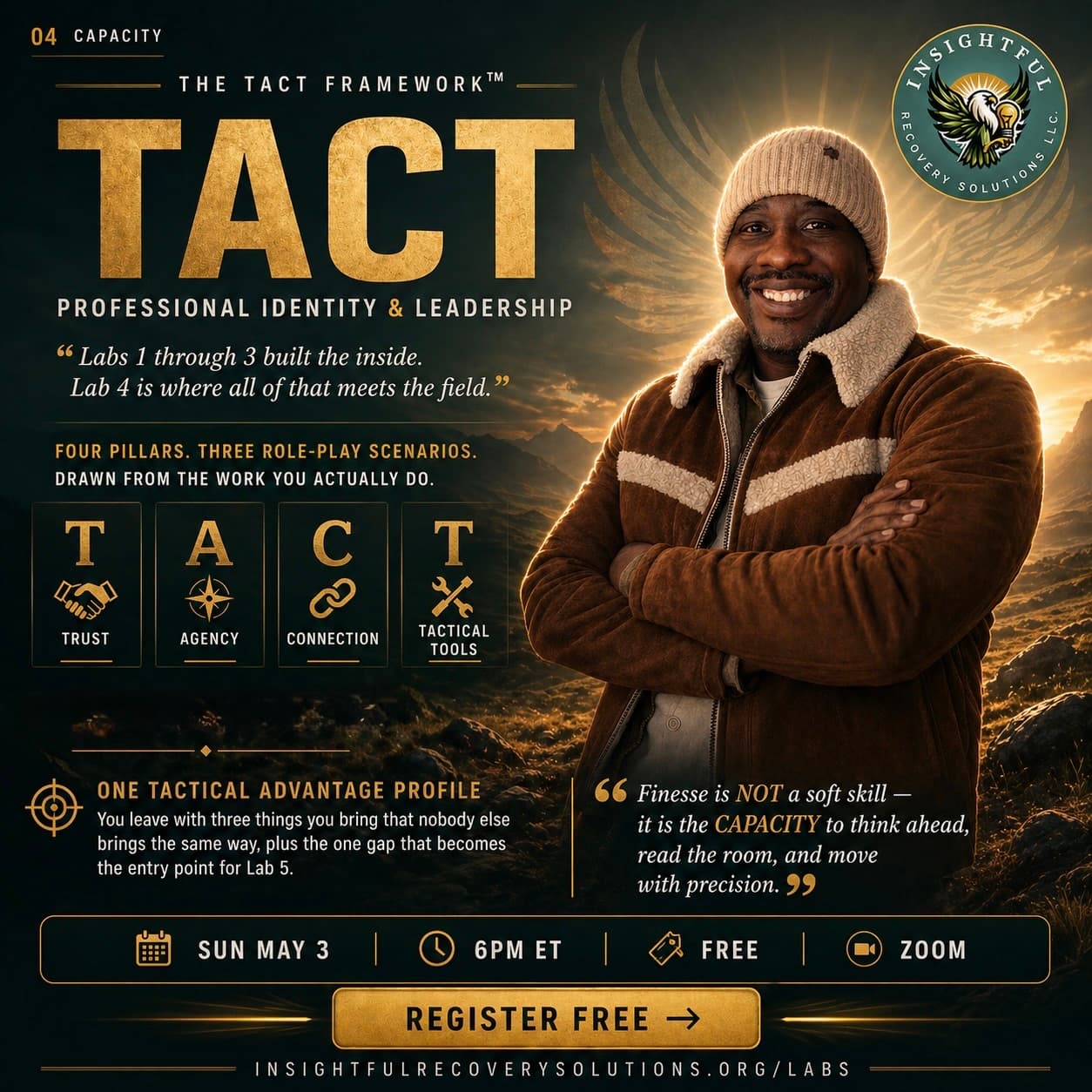 The TACT Framework — Trust, Agency, Connection, Tactical Tools. Lab 4: Professional Identity & Leadership. Tyshaun Perryman, Insightful Recovery Solutions. Sunday May 3, 6PM ET.
