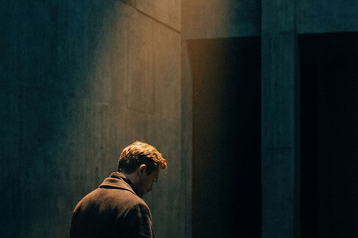 A person sitting alone in a quiet room with natural light, reflecting inward, a moment of intentional self-work