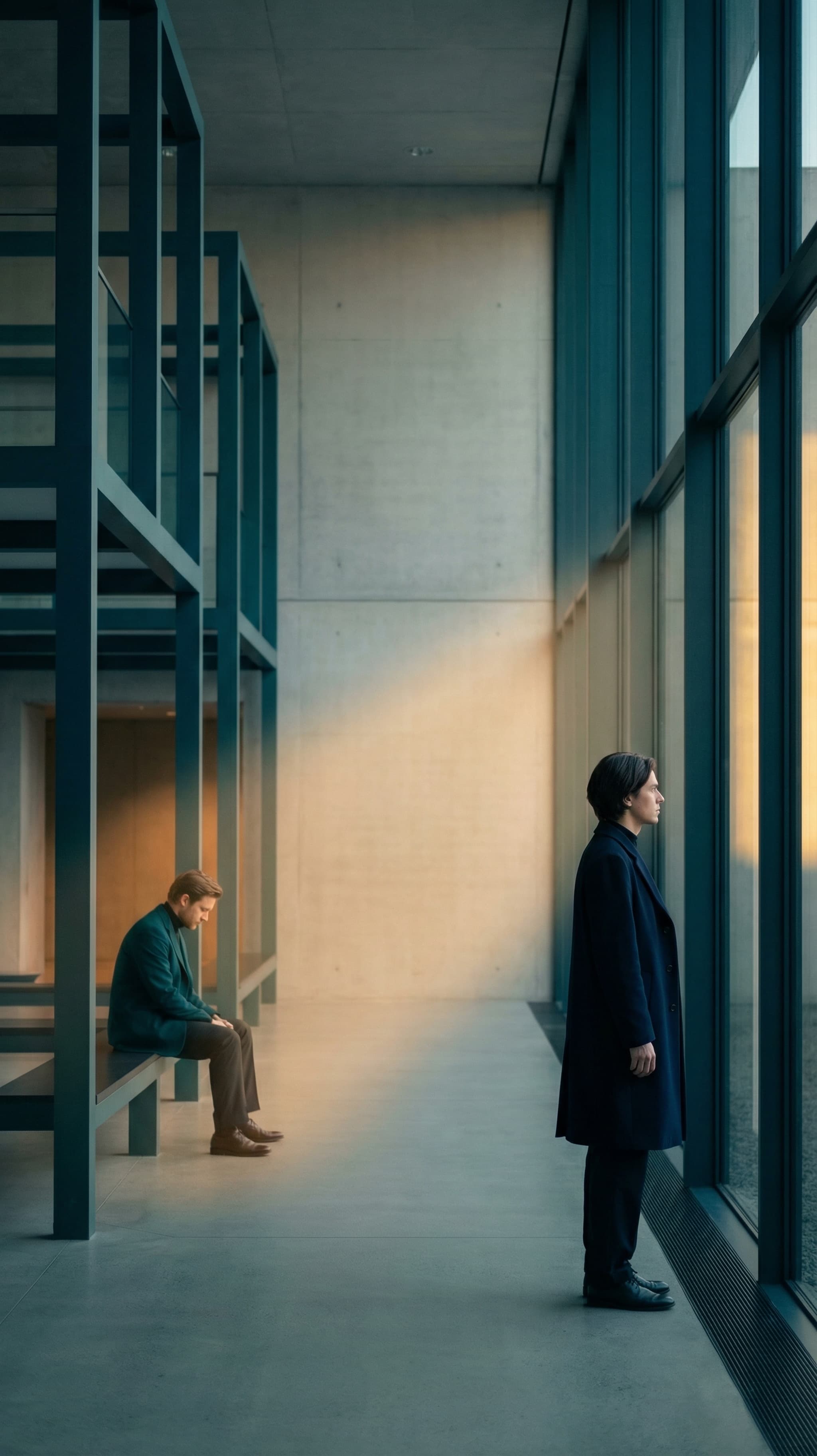 Two people in a calm architectural space with warm natural light, standing at a respectful distance in a supportive moment