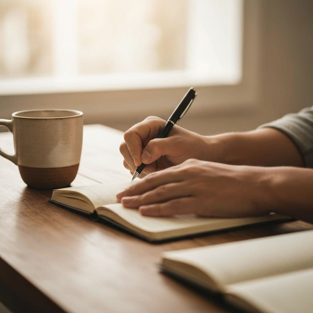 Hands writing in a journal at a calm wooden table with a cup of coffee nearby, warm natural light